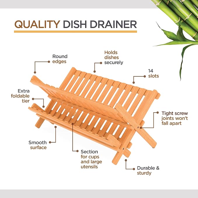 Bambüsi Collapsible Dish Drying Rack, Foldable Kitchen Counter Dish Drainer | Dish Rack Folds Flat, Space-Saving Bamboo Strainer, No Assembly, Holds Plates Cups Bowls Mugs Utensils, for Home, RV, Dorm - Image 5