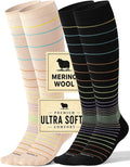 Silky-Soft Merino Wool Compression Socks 15-20 mmHg for Women & Men 2 Pairs | High-Stretch Adaptive Fit | Moisture-Wicking & Breathable | Seamless Toe| Cushioned Sole | Ideal for Flying, Travel & Running by Bbfrey