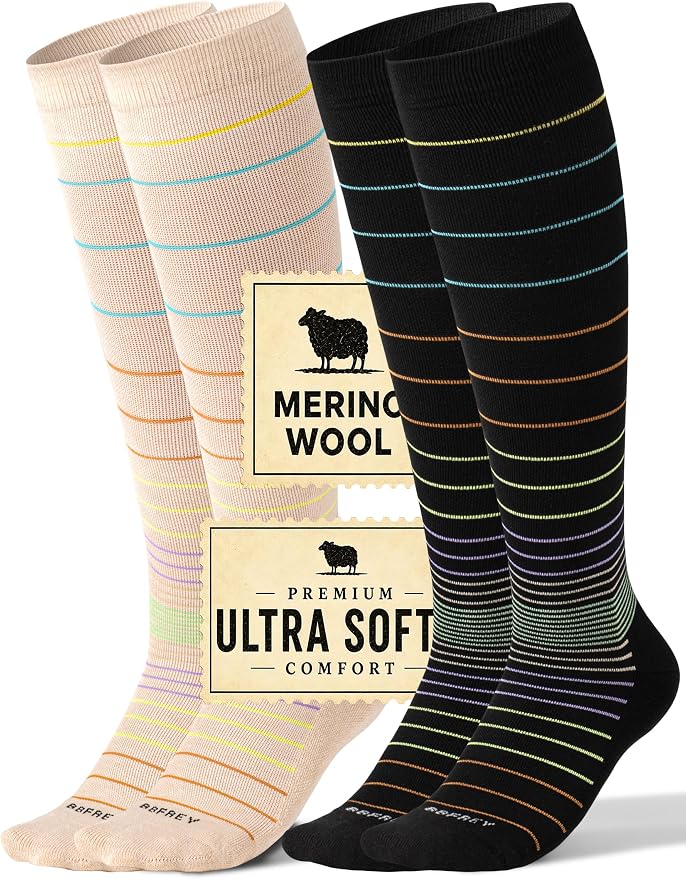 Silky-Soft Merino Wool Compression Socks 15-20 mmHg for Women & Men 2 Pairs | High-Stretch Adaptive Fit | Moisture-Wicking & Breathable | Seamless Toe| Cushioned Sole | Ideal for Flying, Travel & Running by Bbfrey