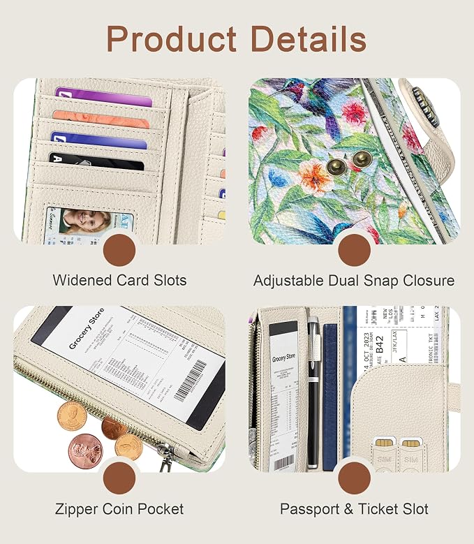 Hummingbird Wallet Women RFID, Passport Holder, Credit Card Holder | 6.7" x 4.4" x 1.3" Bifold, Travel billfold, Zipper Pocket, PU Leather, Clutch, Purse, ID Window, Pen Holder, Gift Ladies Girl - Image 6