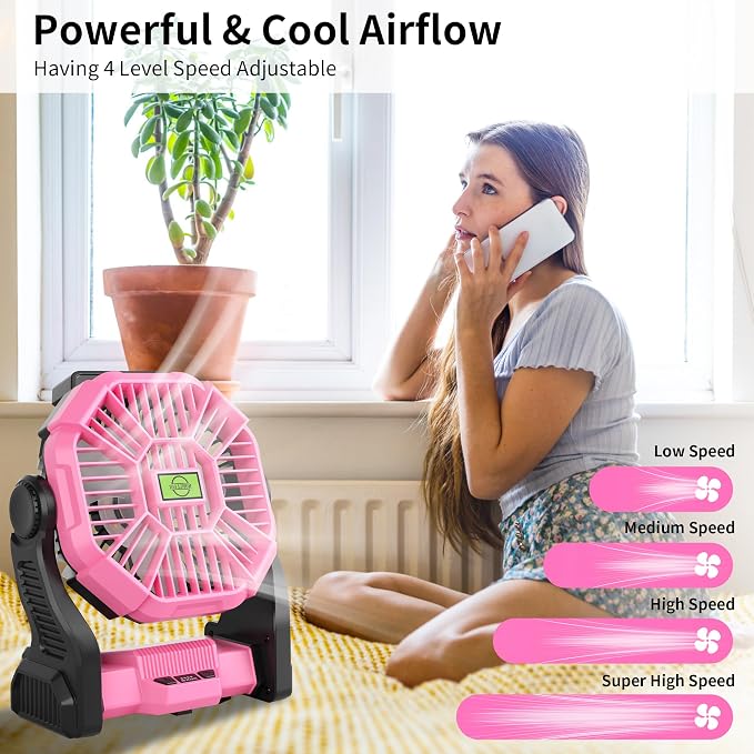 Portable Fan Rechargeable Camping Tent Fan Rechargeable Essentials | 20000mAh Cordless Battery Powered Operated Fan Camping Fan with Light, USB Rechargeable Desk Fan Portable for Travel X23 Pink - Image 5