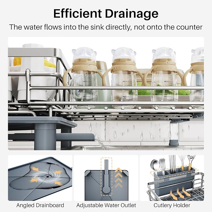 Expandable Dish Drying Rack for Kitchen Counter, Stainless Steel, Silver | Foldable Over Sink, Large Capacity, Adjust to Fit Most Sinks, Angled Drainboard, Removable Utensil Holder, Slip Resistant - Image 5