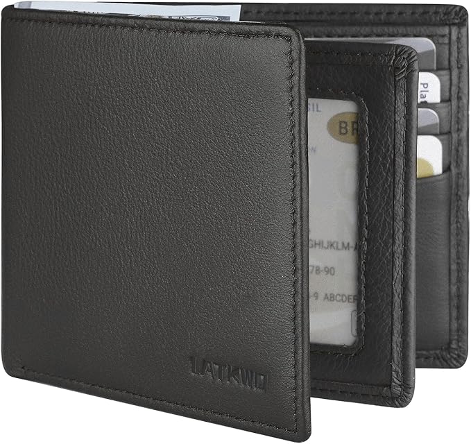 Mens Wallet - Genuine Leather Bifold RFID Blocking Slim Front Pocket Large Capacity with 10 Card Slots, 2 ID Windows & 2 Cash Pockets - Heavy Duty Stitched Gift for Men (Black) by LATKWO