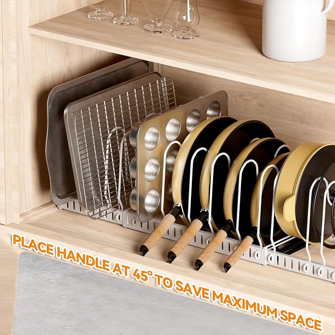 Pot and Pan Organizer Rack for Cabinet, 3 Expandable Pot Lid Organizer Holder with 12 Adjustable Compartment for Kitchen Cutting Board, Pan Lid, Bakeware, White - Image 7