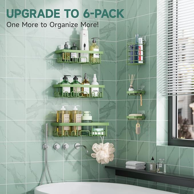 Veken Rustproof & Waterproof Shower Caddy 6-Pack, No Drilling Adhesive Shelves Rack with Soap Holder, Large Capacity Bathroom Organizers and Storage, Wall-Mounted Kitchen & Home Decor, Green - Image 6