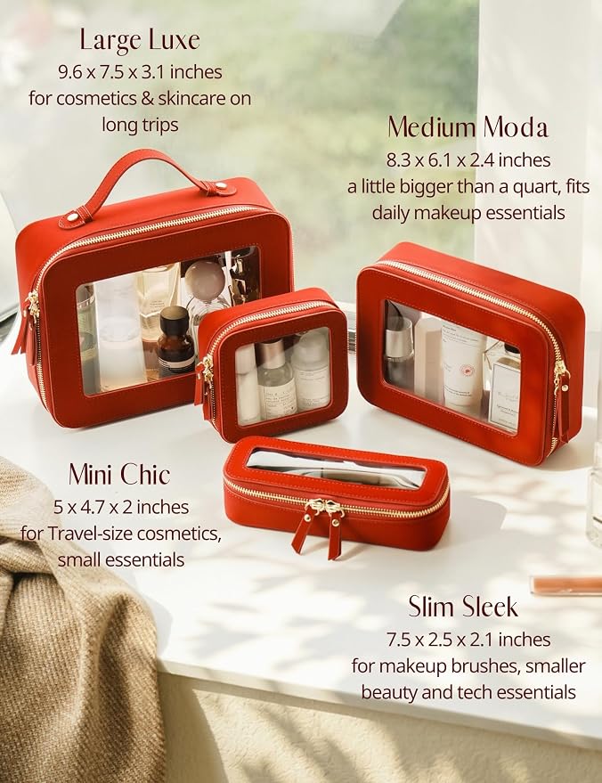 Clear Makeup Bag with Zipper, Women Travel Toilrty Bag Red Medium | Structured Clear Cosmetic Case, Car Essential Organizer Bag, Waterproof PU Leather, Dual Zipper, Wide Opening and Compact - Image 7