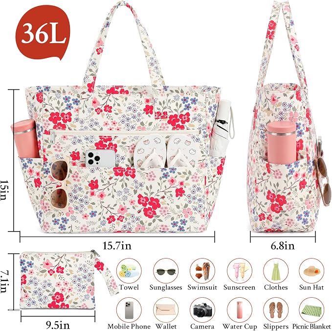 Large Beach Bags for Women, Waterproof Sandproof Beach Tote Bags Swim Pool Bags with Zipper & Wet Pocket Family - Image 5