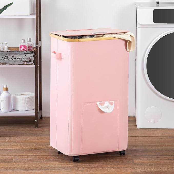 Vincona Laundry Basket with Wheels, Tall Dirty Clothes Hamper on Wheels, Rolling Laundry Hamper with lid for Dorm, Bedroom and Bathroom (Pink, 100L) - Image 6