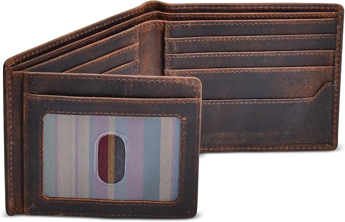 Men's Leather Wallet with RFID Blocking 2 ID Windows in Full Grain Crazy Horse Leather by BullGuard