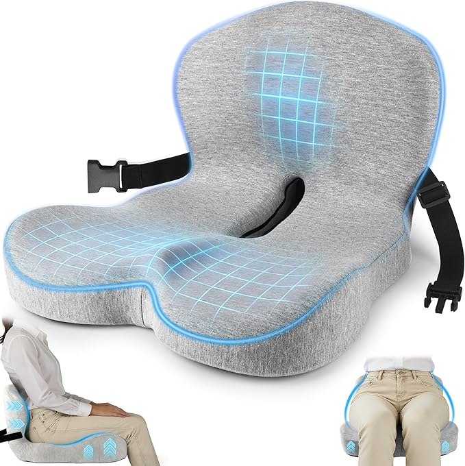 Truck Seat Cushion, Memory Foam Trucker Seat Cushion for Truck Driver Long Sitting with Adjustable Strap, Back Support and Pain Relief for Trucker Driving Office Chair and Pain, Light Gray by MYFAMIREA