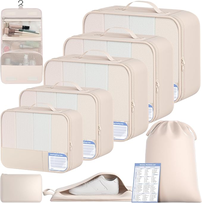 BAGAIL 9 Set Packing Cubes with Packing List Luggage Packing Organizers for Travel Accessories (Cream) by BAGAIL