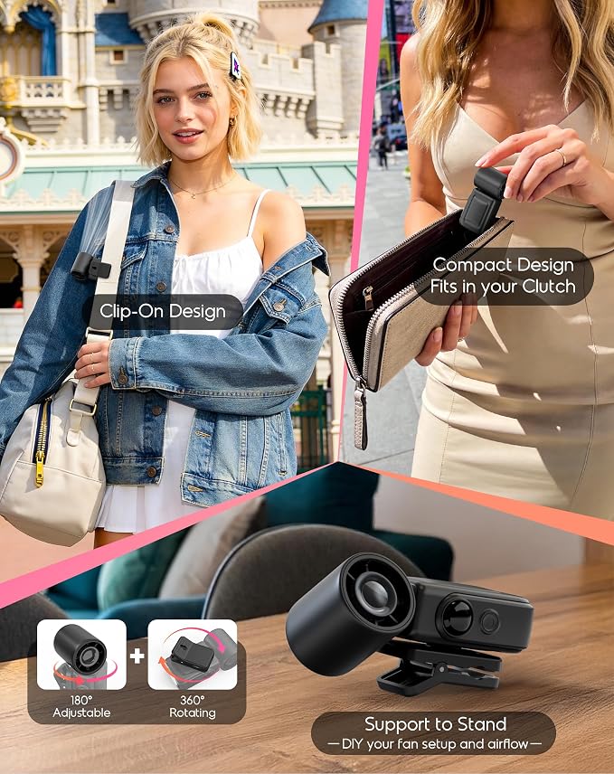 Clip-On Portable Fan for Strollers, 13500RPM Mini Handheld Turbo Travel Fan | Rechargeable 360° Rotatable, LED Display, 4 Gear High Speed Turbo, Travel Cruise Concert Office Makeup Ideal, Women Men Gifts - Image 5