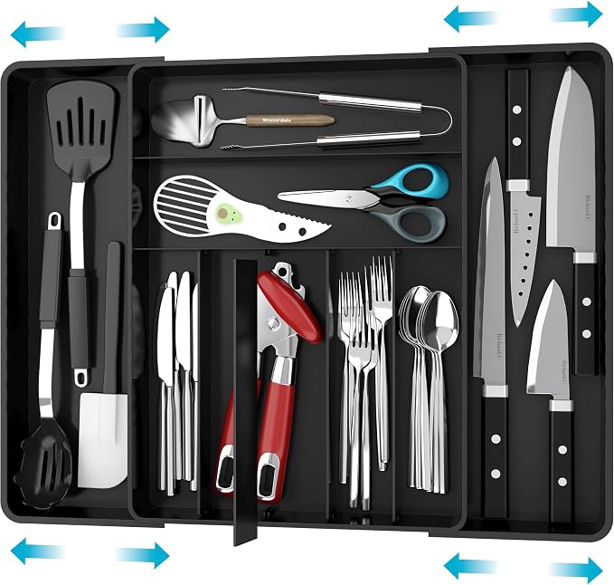 Simple Houseware Expandable Kitchen Drawer Flatware Organizer, Black | Expandable Kitchen Drawer Flatware Organizer, Black – Adjustable Cutlery Tray with 9 Compartments for Utensils and Silverware by SimpleHouseware