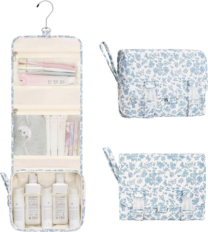 Relavel Small Hanging Toiletry Bag for Women, Floral Hanging Organizer | Portable Travel Bag for Travel-Sized Shower Dopp Kit, Waterproof Toiletries Organizer with 3 Compartments for Outdoor by Relavel