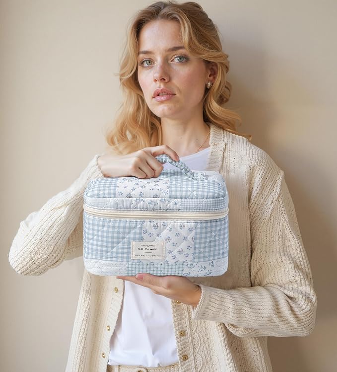 HBselect Quilted Makeup Bag, 3Pcs Cotton Large Travel Makeup Bags Organizer | Cute Floral Make up Bag Cosmetic Bag Toiletry Bag for Women Girls, Makeup Pouch for Skincare, Brushes & Travel Essentials - Image 7