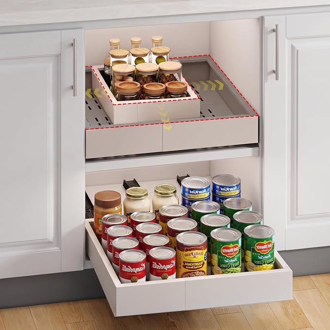 Fokyfok Pull out Cabinet Organizer,Expandable,No Drill,Heavy Duty,Kitchen | 11"-16"Wx13"-17"D,3 Rails,Pull out Drawers,Cabinet Drawers Slide out,Roll out Shelves,Pantry,Bathroom,Adhesive,Adjustable,1PC by Fokyfok