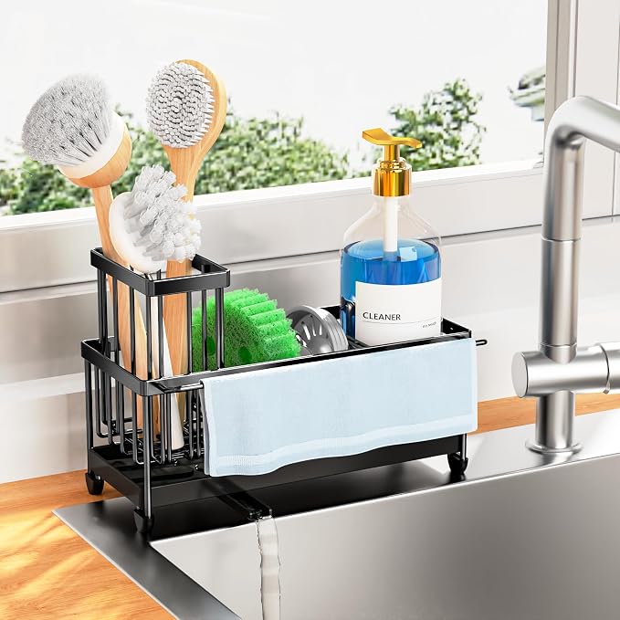 Cisily Sponge Holder for Kitchen Sink, Sink Caddy Organizer with High Brush Holder, Kitchen Countertop Organizers and Storage Essentials, Rustproof 304 Stainless Steel (Black with Towel Rack, 9.25″) by CISILYHOMELIFE