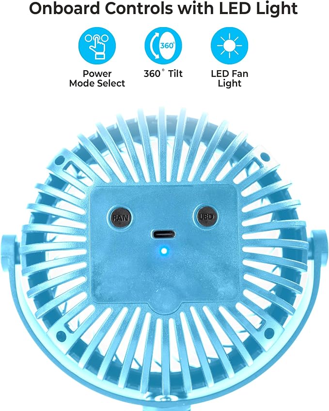 Comfort Zone Portable Stroller Fan, Light Blue | Rechargeable Battery Operated, Clip-On with 360° Flexible Tripod, LED Light, 3-Speed Cooling - Image 8