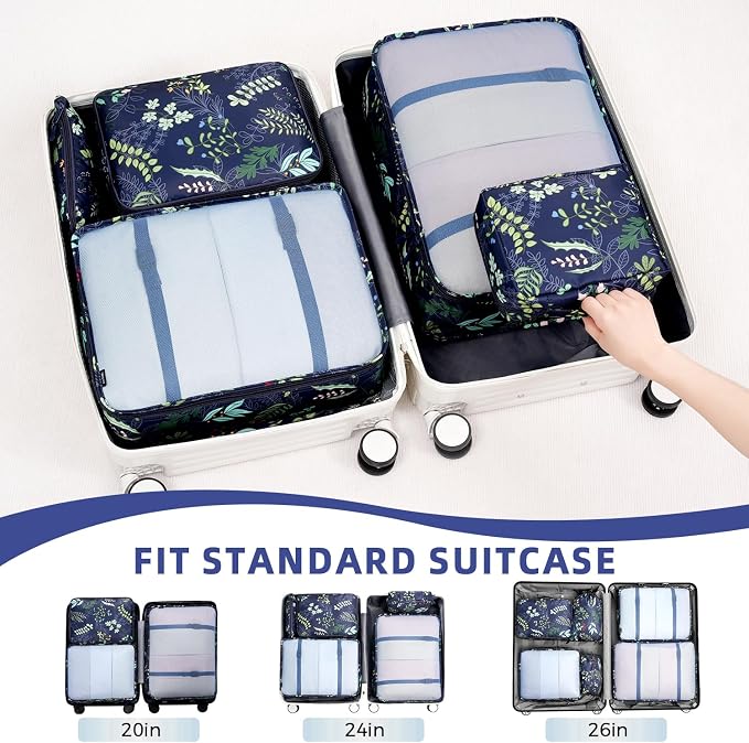 BAGAIL 8 Set Packing Cubes Luggage Packing Organizers for Travel Accessories-Navy Leaf - Image 5