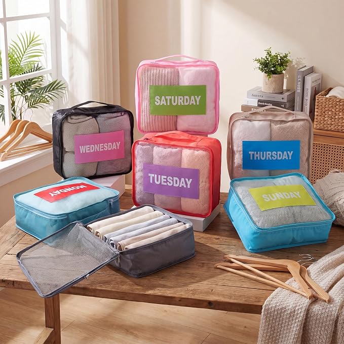 Woanger 7 Pcs Packing Cubes for Travel Days of Week Packing Cubes with Labels Zippered Camping Bag for Summer Camp Essentials - Image 3