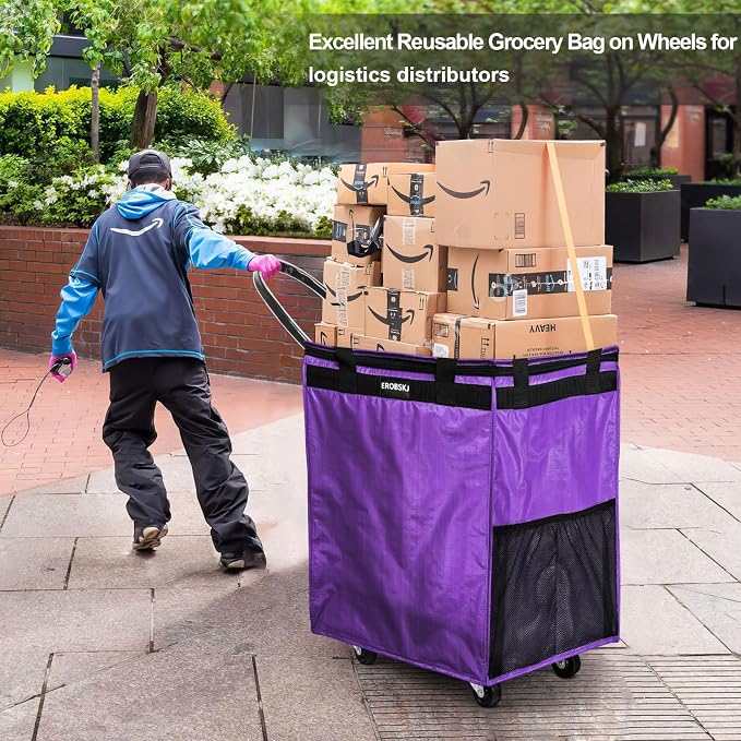 (Medium,Violet) Reusable Grocery Bag on Wheels, 70L Foldable Rolling Tote, Extra Storage for Shopping, Zipper Clouser Shopping Carts for Groceries, Laundry, Camping, Moving, 4 Heavy Duty Wheels | 70L Extra Storage for Shopping, Zipper Clouser Shopping ... - Image 7