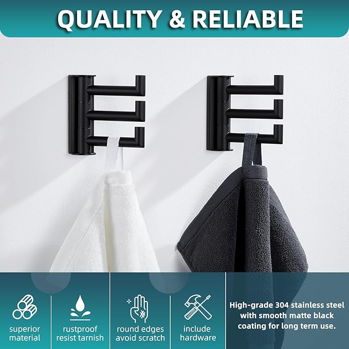 Angle Simple Swivel Towel Hooks for Bathrooms, 2 Pack Wall Hook Matte Black | Swing Foldable 3 Arms for Hand Towel Robe Coat, Solid 304 Stainless Steel, Space Saver for Kitchen Shower Closet, Wall Mount - Image 4