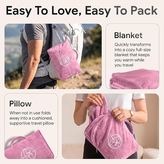 2-in-1 Travel Blanket and Pillow – Lightweight, Compact, Ultra Soft, Machine Washable – Handle, Luggage Sleeve, Backpack Clip – for Trave Airplane, Car, Office (light pink) - Image 4