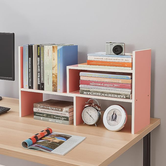 Desktop Shelf Organizer, Adjustable Wood Office Storage Rack, Counter Display Small Bookshelf for Home/Office/School(Pink) - Image 3