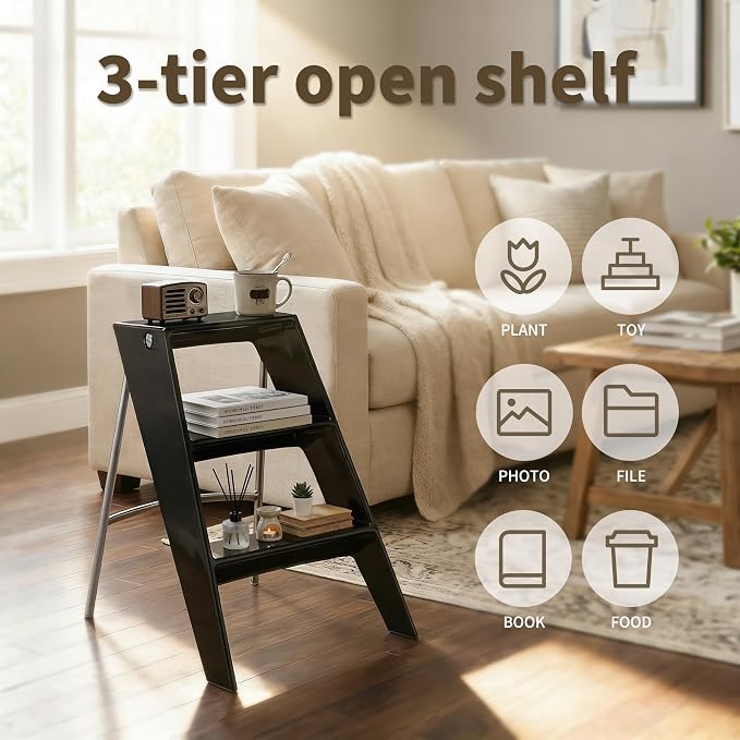 HOTEAGLE Modern Folding Chair - Multifunctional Design Doubles as Step Stool & Storage Shelf, Sturdy Engineering Plastic for Kitchen, Dining & Bistro,Black - Image 8