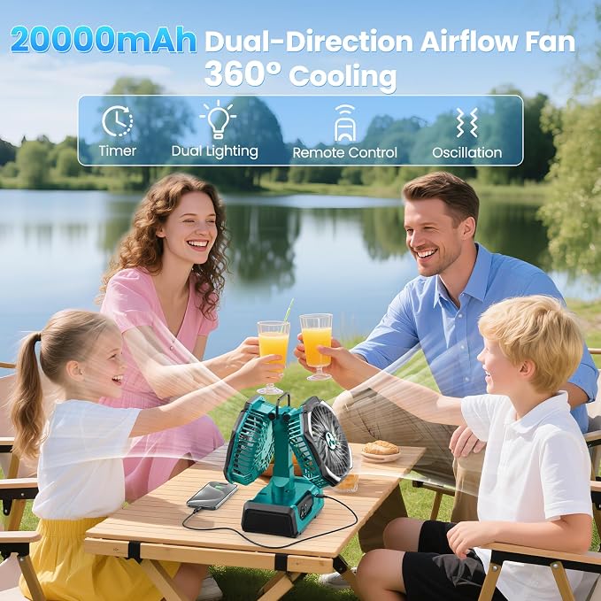 Dual Head Portable Rechargeable Fan 20000mAh Battery Powered Fan Camping Cordless with 360° Air Delivery, LED Lantern & Remote, Auto Oscillation, Battery Operated for Tent Office Travel Picnic Jobsite - Image 2