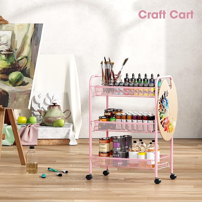 TOOLF 3 Tier Rolling Cart, Metal Utility Storage Cart with Wheels, Pink | 3 Hooks, Screwless Assembly, Trolley Organizer for Bathroom, Kitchen, Office, Nursery, Dorm, Laundry Room - Image 9
