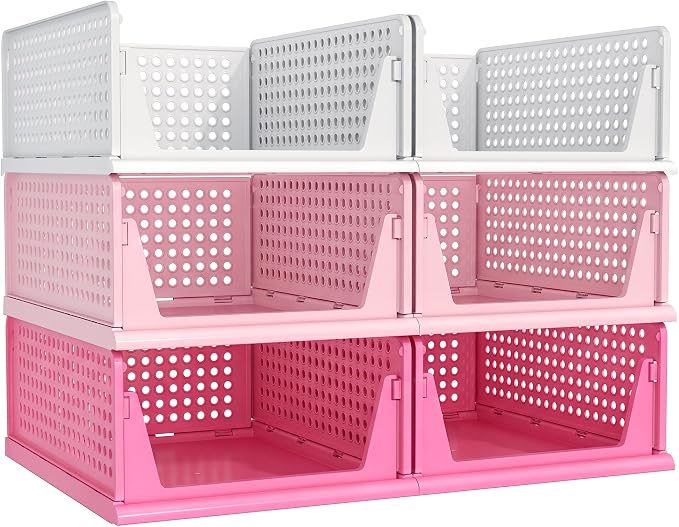 Pink Girl Closet Organizers and Storage Stackable Plastic Drawer Basket for Clothing Stackable Storage Bins Shelf Storage Container for RV Closet Wardrobe Bedroom Bathroom Playroom 6 Pack by Pinkpum