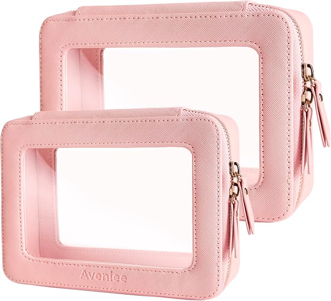 Aveniee Clear Makeup Bag Organizer Set,Portable Travel Toiletry Case for Women, Vegan Leather Cosmetic Pouch Car Bag for Essentials 2pcs,Middle & Large,Pink by Aveniee