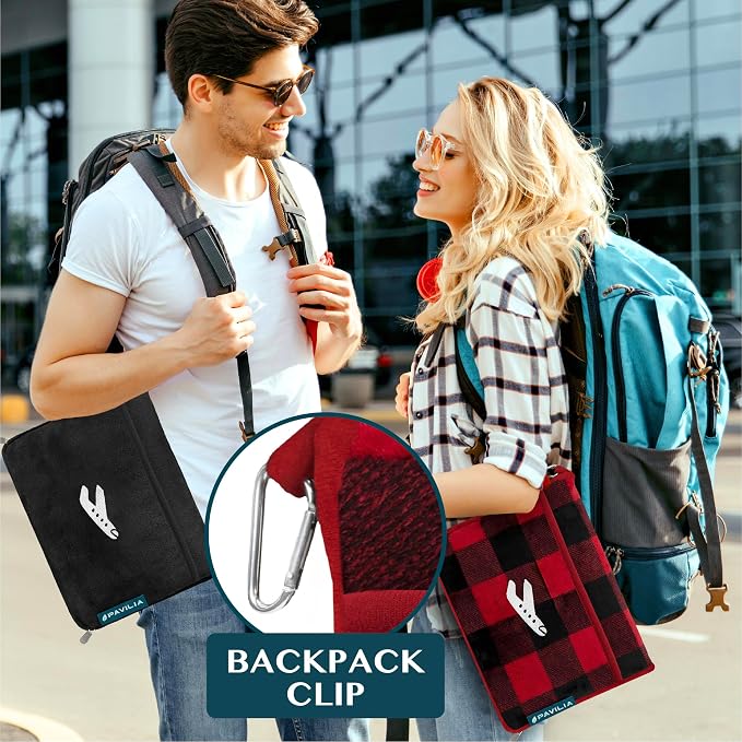 PAVILIA Travel Blanket and Pillow, Soft Ribbed Fleece Airplane, Plaid Red | 65x40, Compact Packable Plane Throw with Bag, Luggage Strap and Back Pocket, Cozy Flight Essentials Travelers Camping Gift - Image 4