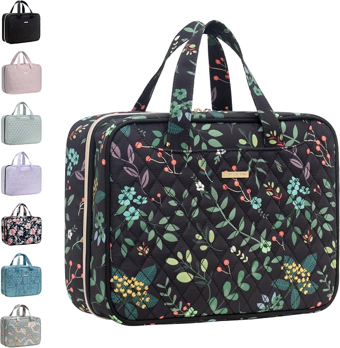 Everfun Travel Toiletry Bag with Hanging Hook and Leakproof Wet/Dry Compartments, Large Capacity Makeup Cosmetic Organizer for Women, 12x9x4.5 Inch, Black Leaves by EVERFUN
