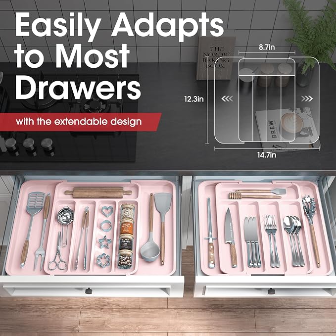 Aujen Silverware Drawer Organizer, Adjustable Utensil Cutlery Tray | Expandable Kitchen Organizer for Forks Knives, Multipurpose Kitchen Storage, Apartment Essentials, Pink, Medium - Image 2