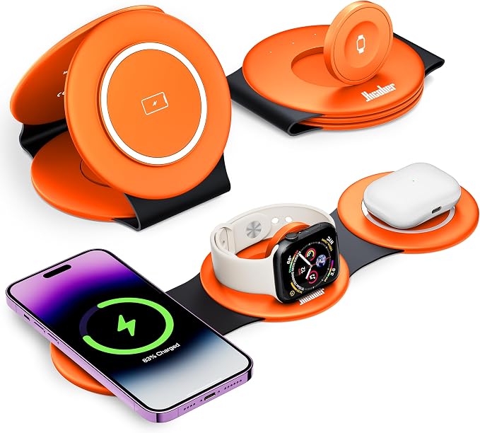 HICOBER 3-in-1 Wireless Charging Station for iPhone, Watch, AirPods, Orange | Charge 3 devices at once, foldable, case-friendly and ready for travel by Hicober