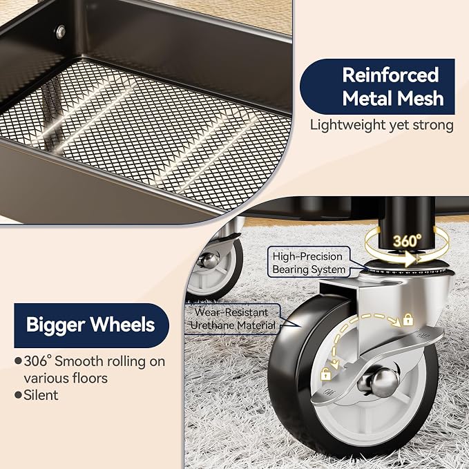 3 Tier Rolling Cart, Heavy Duty Metal Utility Cart with Wheel Black | Sturdy Rolling Storage Cart With Hooks & Hanging Cups, Great For Craft, Art Workspace, Kitchen ,Snack And Office Storage - Image 5