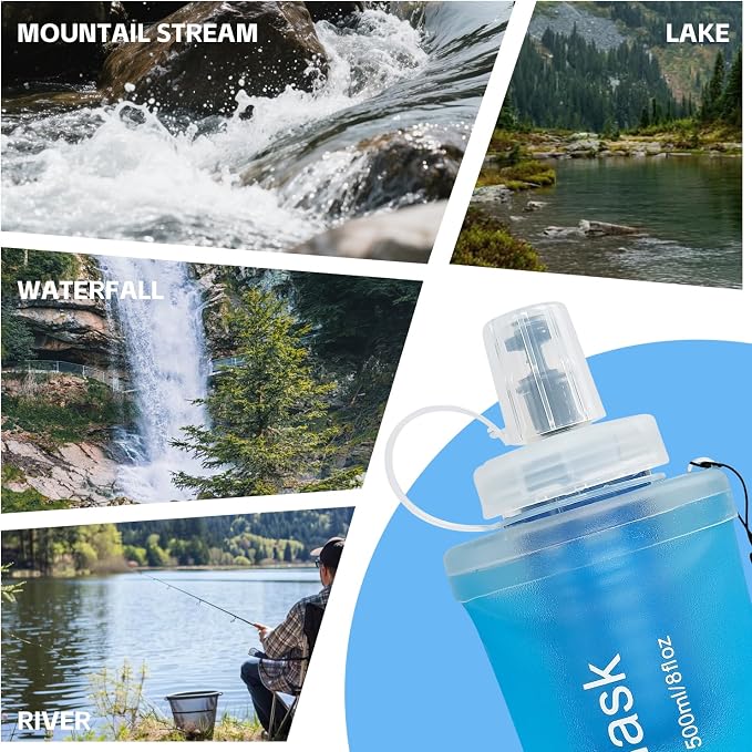 AXEN Collapsible Water Bottle with Filter for Hiking Travel, 500ml Blue | Foldable Design, Lightweight Portable Filtered Water Bottle, Soft Hydration Flask for Trail Hiking Running Outdoors - Image 8