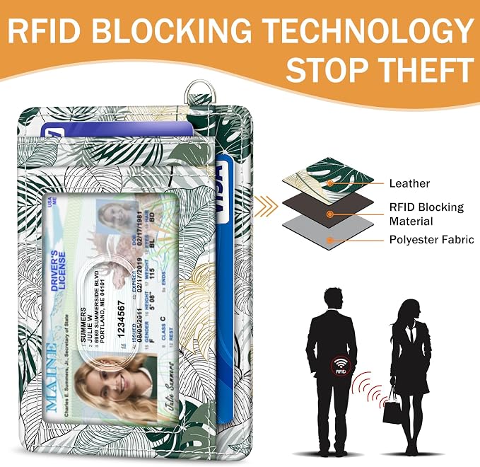 Yonlevres Tropical Leaf Credit Card Holder Slim RFID Wallet Women Small | Front Pocket, Handy, RFID Blocking, Woman Girls Ladies Gifts, D-ring for Keychain,Thin Mini Card Case, ID Window, PU Leather - Image 5