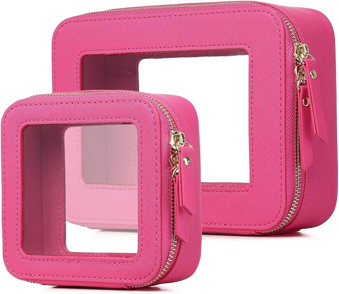 Pinkmik Clear Makeup Bag, (Fuxia, M+MINI) | 2PC,Waterproof, Travel Case for Cosmetics and Toiletries, Women's Purse Organizer, Clear Car Bag with Zipper by Pinkmik