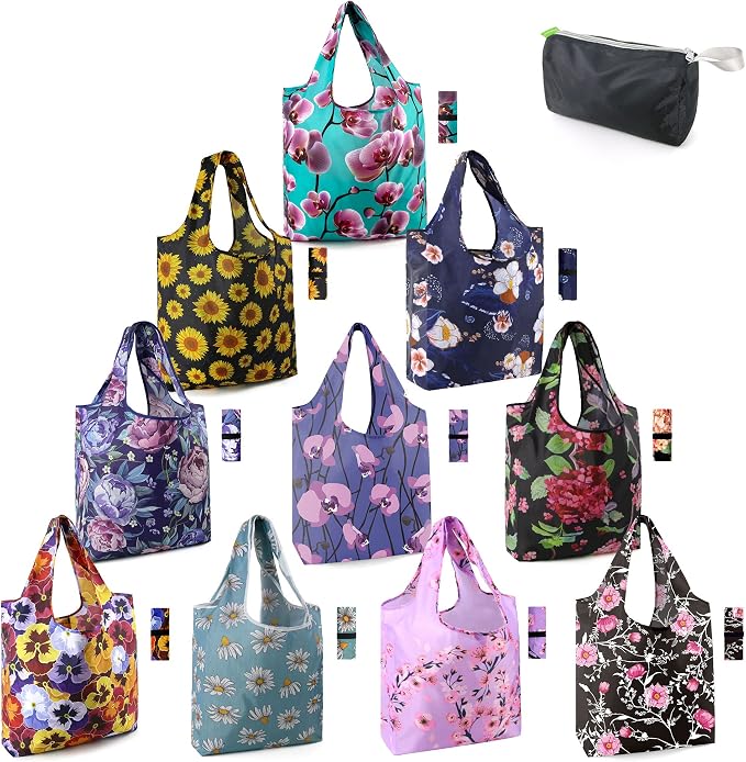 BeeGreen 10 Pack Washable Floral Grocery Bags for Shopping Reusable Tote Bags Extra Large 50LBS Cute Flower Design Foldable Reusable Bags for Women Men Lightweight Durable by BeeGreen