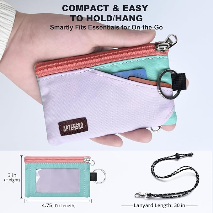 RFID Blocking Travel Wallet with Adjustable Lanyard, Small Nylon Zipper Pouch and Badge Holder for ID, Credit Cards, Cash, Keys, Commuters (SoftLilac+MintAqua) - Image 4