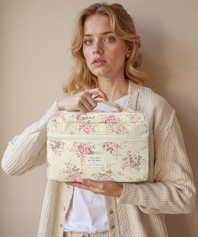 HBselect Quilted Makeup Bag, 3Pcs Cotton Large Travel Makeup Bags Organizer | Cute Floral Make up Bag Cosmetic Bag Toiletry Bag for Women Girls, Makeup Pouch for Skincare, Brushes & Travel Essentials - Image 6