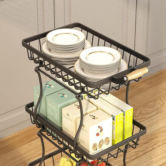 Stackable Fruit Vegetable Basket 4 Tier Kitchen Storage Rolling Cart | metal frame, 9.4“ width for small ppace, easy assembly, veggie rack for potato onion produce apple banana, move smoothly - Image 8