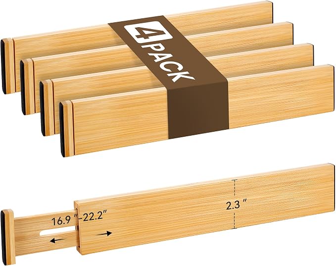 Adjustable Bamboo Drawer Dividers of 4, Expandable Organizers (16.9"-22.2") | Spring-Loaded Kitchen Drawer Organizer, Non-Slip Ends, 2.2" High, Easy Setup & Clean, for Kitchen, Dresser, Clothes, Bath by NCUE