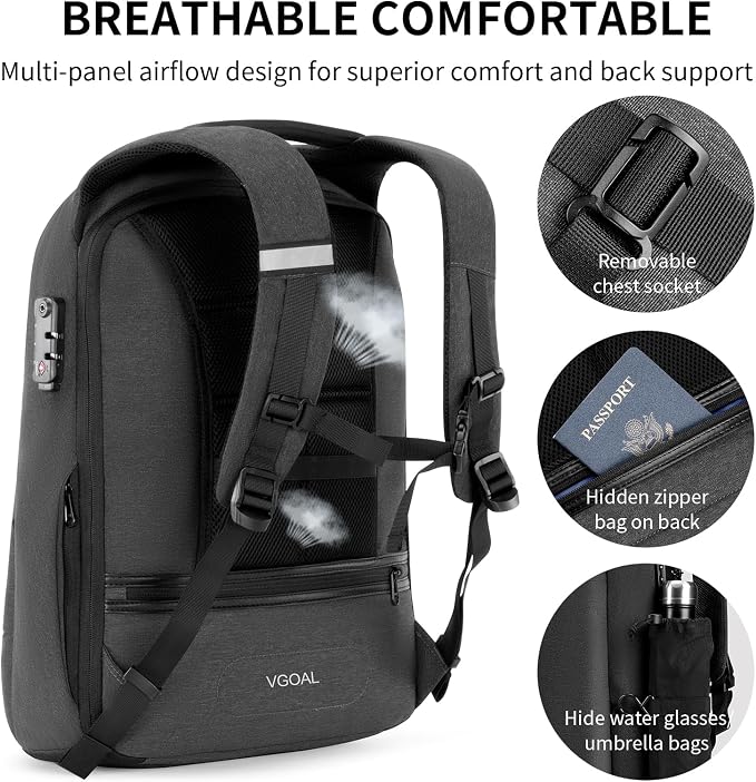 VGOAL Travel Backpack 17 inch Anti Theft Laptop Bag for Men Women | Durable WaterProof,USB Charging Port,Combination Lock,50L Lightweight Large,Carry on Business Backpack,Grey - Image 7