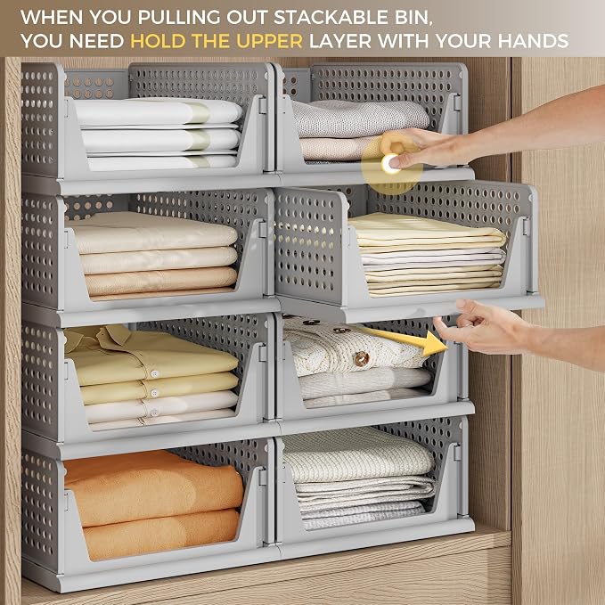 8 Pack Closet Organizer Storage Bins Stackable Plastic Drawer Shelf | Basket for Clothing Stackable Storage Bins Shelf Storage Container for Closet Wardrobe Bedroom Bathroom Office Grey Foldable - Image 3