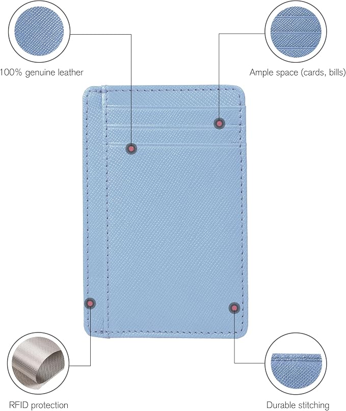 Leather RFID Blocking Slim Minimalist Front Pocket Wallet, Sky Blue - Image 3
