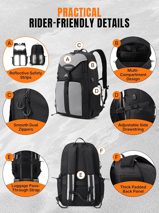 Oumurs Reflective Motorcycle Helmet Backpack, 35L Riding Backpack with Hidden Helmet Net, Hi-Vis Commuter Bag, 1680D Water-Resistant Travel Backpack with Laptop Compartment, Ventilated Back - Image 8